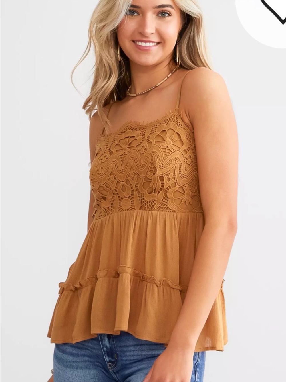 Lace-Detail CAMEL Spaghetti Strap Peplum Top